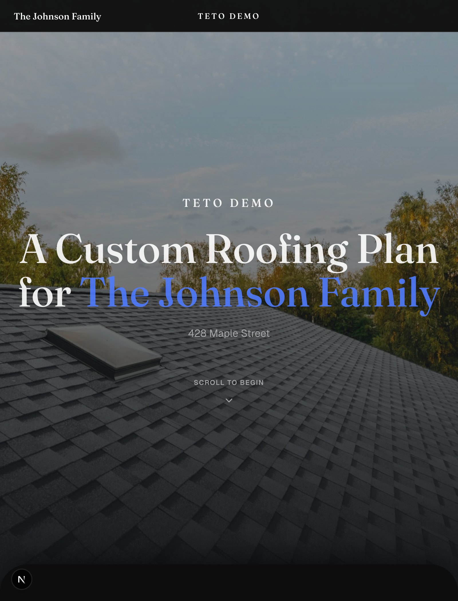 A branded Teto presentation — custom roofing plan for the homeowner